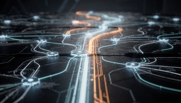 Medium shot of a glowing network map with a selfhealing fiber system highlighting automated rerouting paths around detected faults main route in crisp focus background blurred.