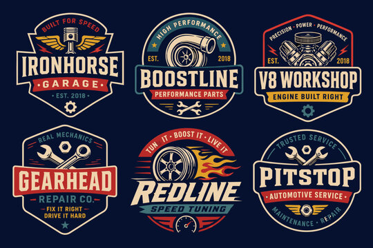 Set of six vintage automotive garage and speed tuning workshop emblems with classic car parts and retro typography.