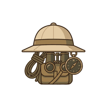 Safari Adventure Gear: Pith Helmet, Binoculars, Compass, and Rope