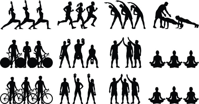 Black silhouette vector set of groups engaging in fitness workouts, yoga, running, cycling, and strength training exercises.
