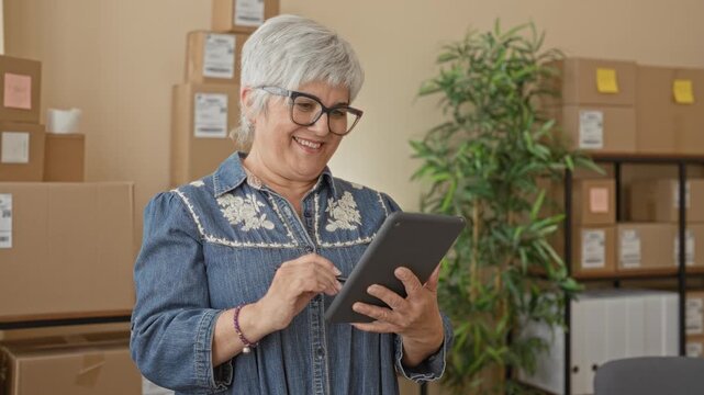 Woman with short hoary hair and glasses tapping a tablet with finger amid stacked parcels and boxes in a storage building; focused planning.