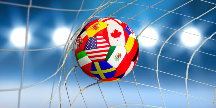 Soccer ball textured with flags in goal net with blue background  and flood light rays - 3D illustration
