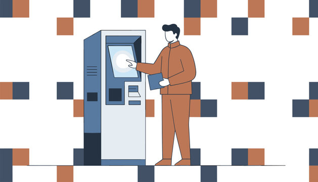 Person using a digital kiosk or automatic banking machine for financial transactions in a modern environment with geometric background patterns.
