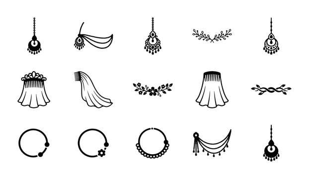 Traditional Indian bridal jewelry and accessories set, 15 black line icons of maang tikka and nath, ethnic wedding ornaments vector collection
