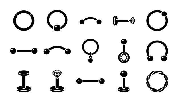 Body piercing jewelry icons set, 15 black vector silhouettes of earrings and studs, professional piercing equipment for salon branding
