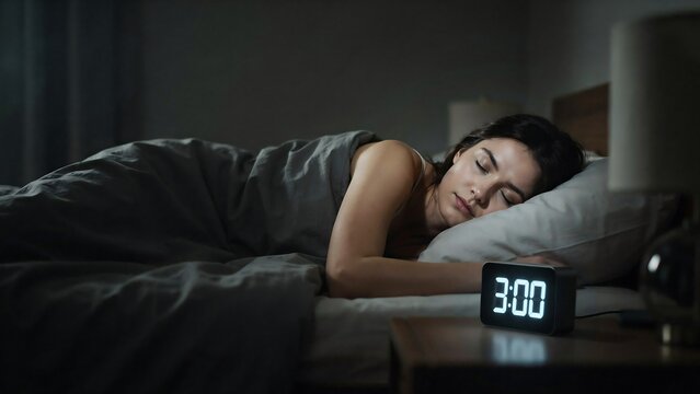 Woman sleeping peacefully in bedroom with digital alarm clock at night