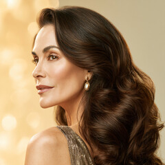 luxury website hero banner featuring sophisticated mature woman with exceptionally healthy thick glossy hair © syaifuddin