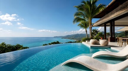 Fototapeta premium Infinity swimming pool at luxury tropical resort overlooking ocean