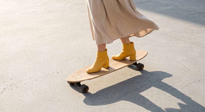 Lower Body Of Stylish Woman Riding Longboard In Yellow Boots On Sunlit Urban Pavement