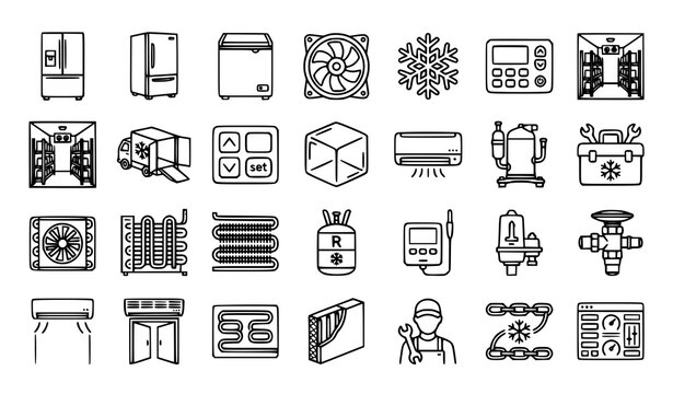 Refrigeration line icons set freezer cooling system cold storage vector eps10