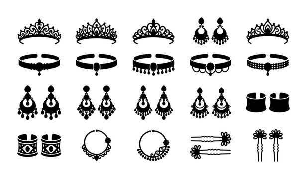 Traditional Indian jewelry icons set, black silhouette bridal ornaments including tiara and earrings, ethnic wedding accessory vector collection