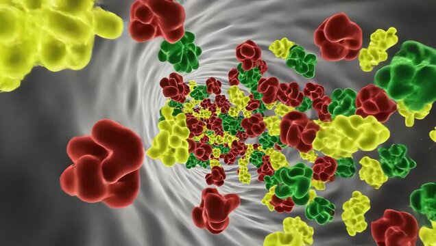 Cortisol and stress hormone molecules flooding through a transparent bloodstream after sleep deprivation