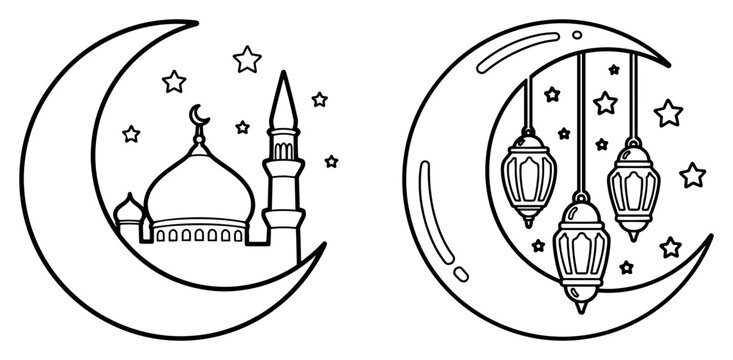 Islamic mosque and hanging lanterns inside crescent moon in line art style