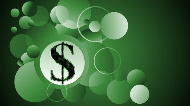 Dark gradient background with overlapping circles and a central dollar sign emblem animation