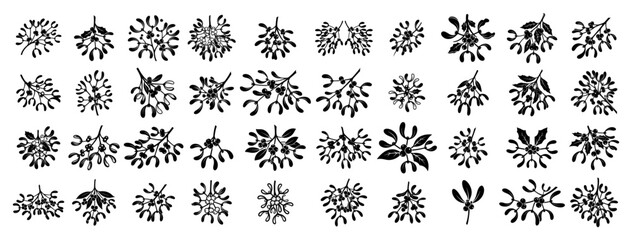 Winter mistletoe icons set with different branch and berry shapes in silhouette style © Logan