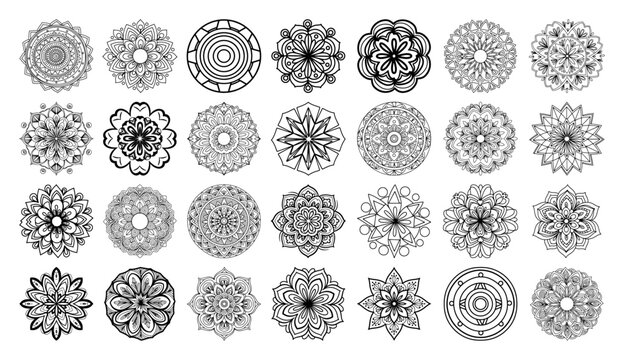 Circular mandala patterns set for coloring book or decorative design in black and white line art