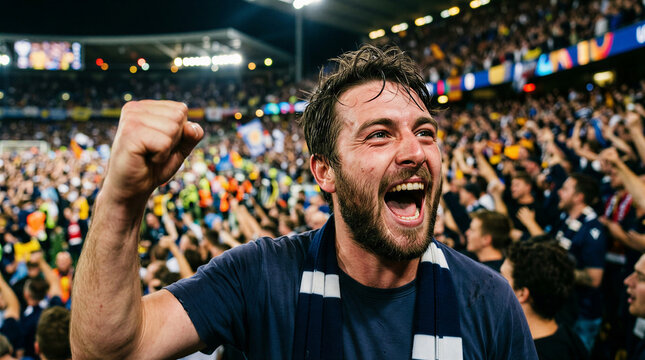 Excited young man with a beard cheering loudly in a crowded sports stadium while wearing a scarf and raising his fist in celebration during an intense and emotional soccer game