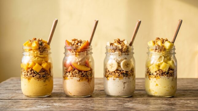 Four mason jars filled with delicious healthy fruit yogurt parfaits topped with crunchy granola and fresh tropical fruits arranged on a rustic wooden table background