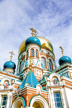 Omsk, Russia, 24 Jule 2015, Orthodox Church with Dome and Christian Cross