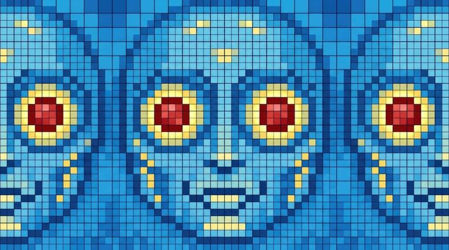 Pixel art dragon face blue and yellow mosaic digital illustration