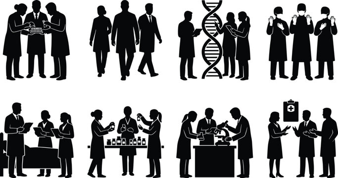 Medical healthcare and science professionals black silhouette vector bundle featuring doctors surgeons scientists and laboratory research