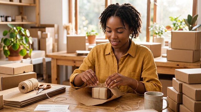 Smiling black female business owner wrapping gift box with twine for sustainable e-commerce delivery in bright studio