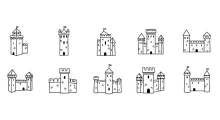 Medieval castle and fortress line icons set © galu