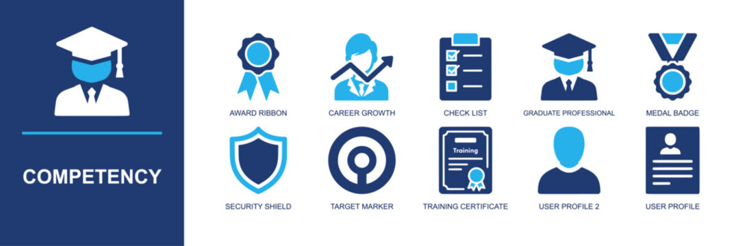 Competency icon set. Containing award, career growth, checklist, graduate, medal badge, shield, target marker, training certificate, user profile and more. Solid fill vector icons.