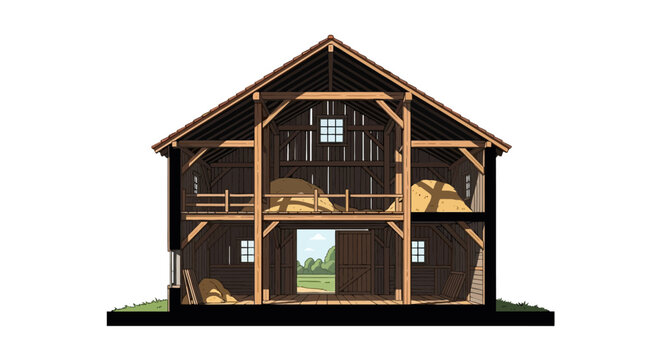 Cross section of a traditional wooden farm barn with hay