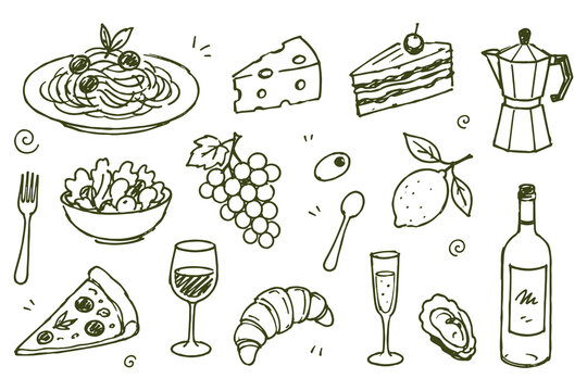 Mediterranean Food Doodle Set Hand Drawn Vector Illustration