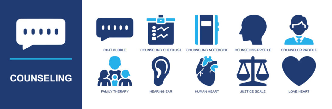 Counseling icon set. Containing chat bubble, checklist, notebook, counselor, family therapy, hearing ear, justice scale, human heart, love heart and more. Solid fill vector icons.