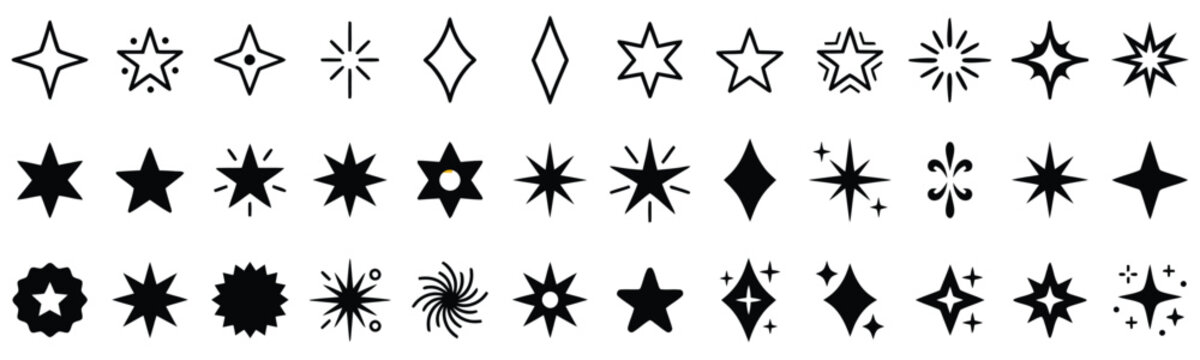 Set of sparkle star icons. modern glowing sparks. twinkle lights flash. magic light effects. firework collection. bright decorative elements. vector ilustration.