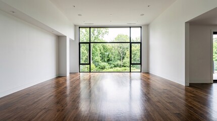 Fototapeta premium Spacious unfurnished modern interior with pristine white walls, a large picture window, and a dark rich polished walnut wood floor.