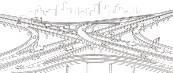 Obraz premium Highway Interchange Line Art Vector with City Skyline and Traffic