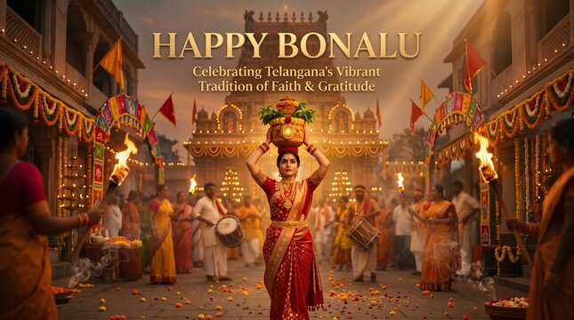 Happy Bonalu Festival Poster Featuring Traditional Telangana Celebration and a woman carrying bonalu