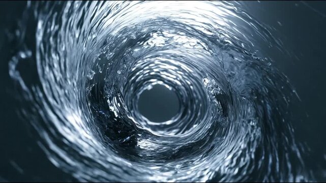 Powerful deep blue water whirlpool forming a circular liquid funnel pattern