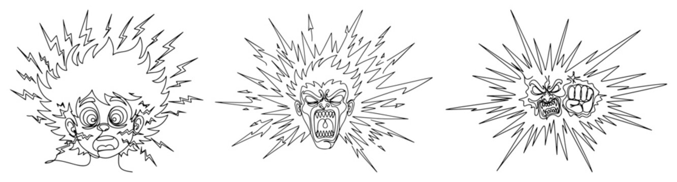 Expressive cartoon character faces with explosion and anger shockwaves in line art style
