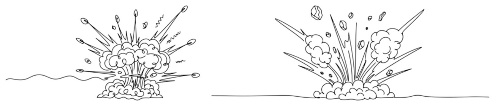 Ground explosions with flying debris and smoke clouds in continuous line drawing style