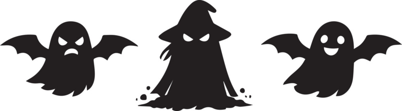 Set of black ghost and witch silhouettes for halloween Vector, illustration