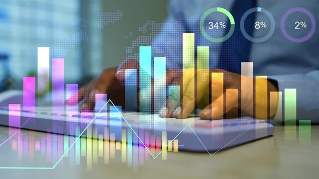 Businessman typing on laptop with hologram data charts and percentage graphics overlay, Business digital analytics finance tracking and online performance monitoring in a modern office