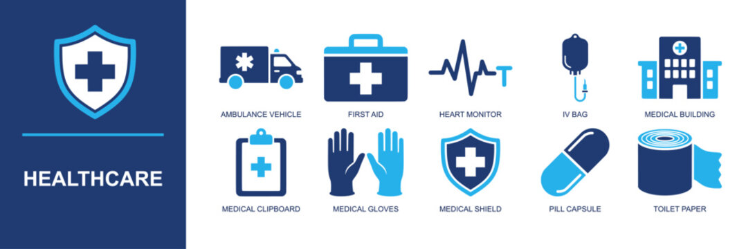 Healthcare icon set. Containing ambulance, first aid, heart monitor, IV bag, hospital, medical clipboard, medical gloves, pill capsule, medical shield and more. Solid fill vector icons.