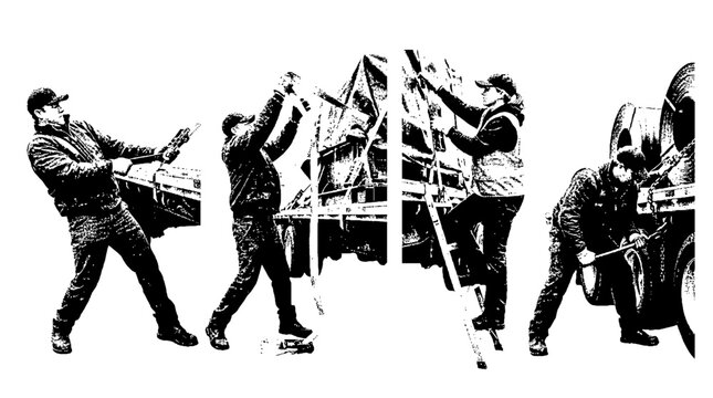 A focused worker uses straps to secure cargo on a truck while demonstrating attention to detail and commitment to safety in a halftone vector style.