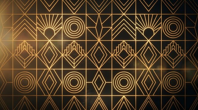 Art deco geometric grid lines glowing under a soft luxury gold light leak effect background