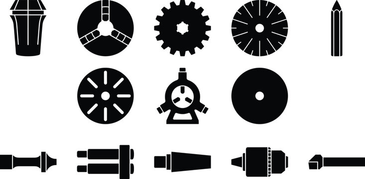 Professional Lathe Machine Tooling and Metalworking Silhouette Icon Set Featuring 3 Jaw Chuck Steady Rest Collet Indexable Turning Tool Drill Chuck Arbors and Faceplates Isolated on White