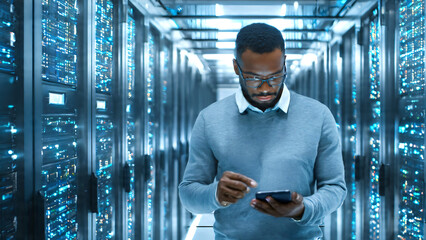 Fototapeta premium Professional IT technicians monitoring server performance and network systems inside a clean contemporary data center, collaborating with laptop computer and tablet while inspecting rows.