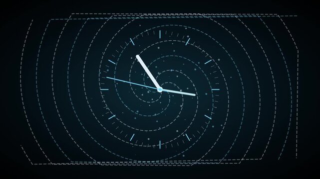 Abstract digital clock motion with spiral time warp effect and glowing particles motion digital technology
