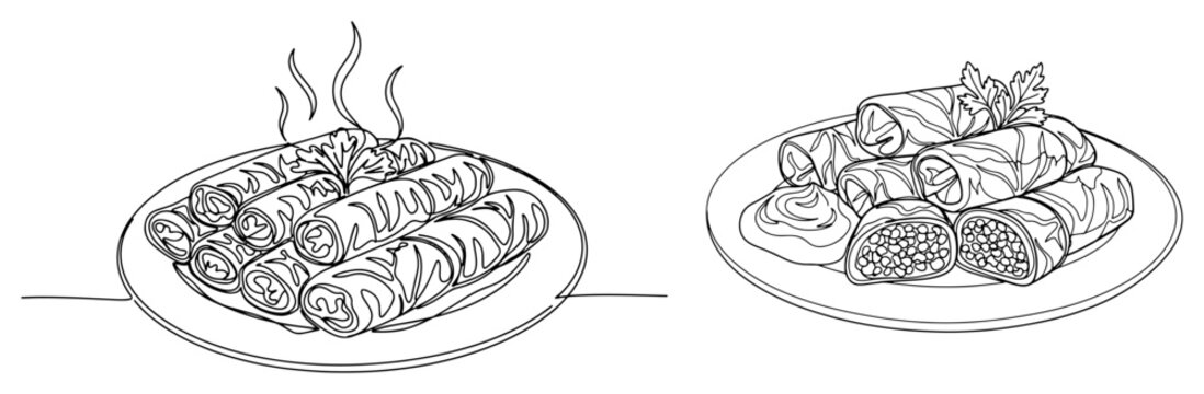 Traditional stuffed cabbage rolls sarma on plates in minimalist continuous line art style