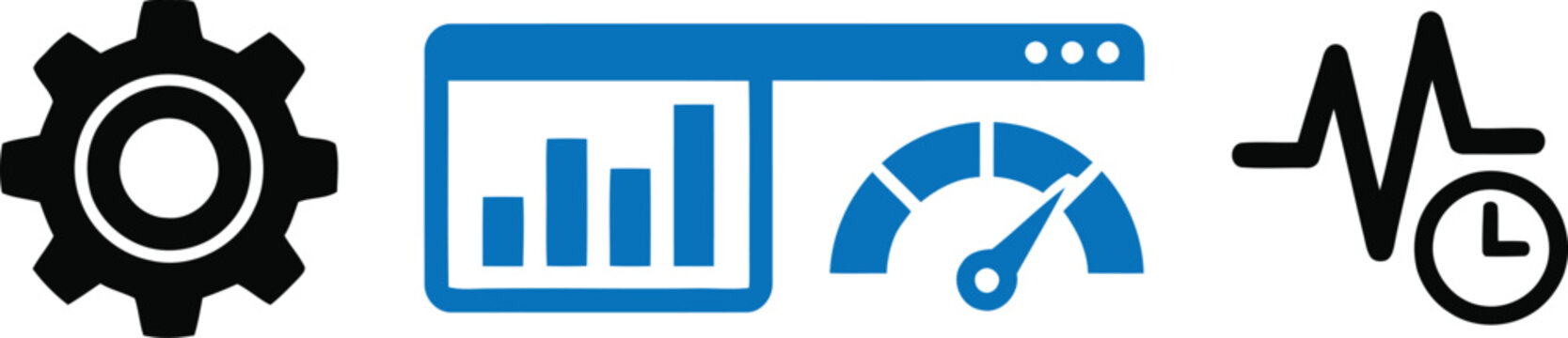System Performance and Data Analytics Monitoring Vector Icon Collection featuring analytics dashboard window, configuration gear, and real-time pulse clock symbols.