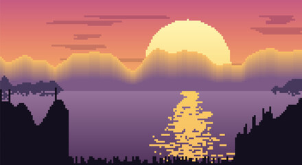 Fototapeta premium Pixel art sunset over calm water with reflection and distant mountains and trees.