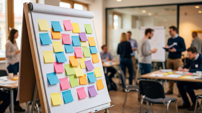 Flipchart Covered with Colorful Sticky Notes in Modern Business Workshop and Training Session